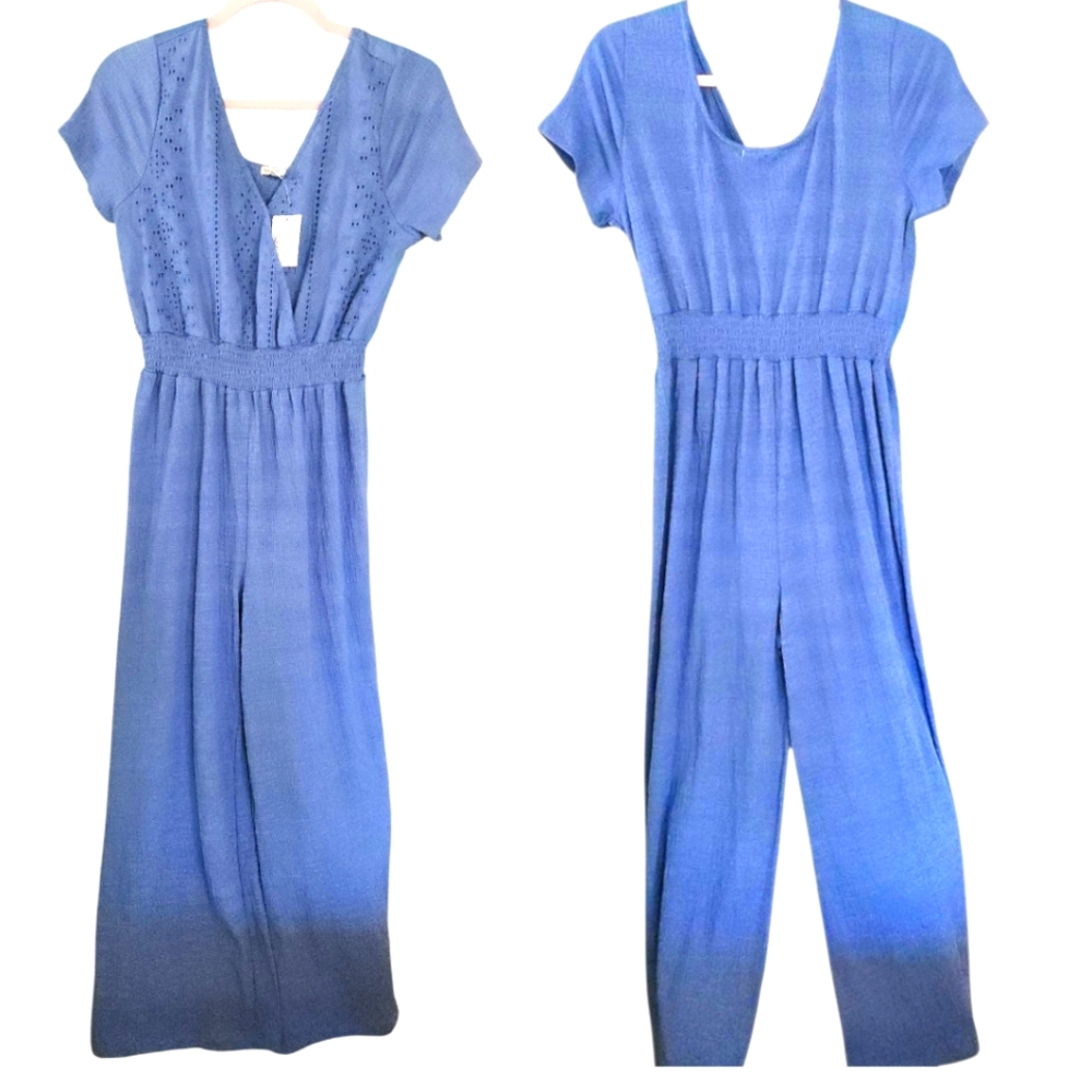 C est 1946 Wide Leg Eyelet Knit Jumpsuit Dusty Blue Cap Sleeves Wrap Top SM NWT